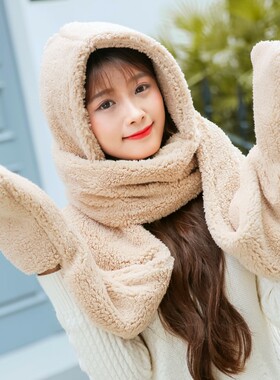 双层加厚帽子百搭围巾手套一体女