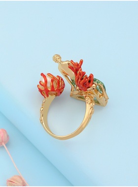 珐琅彩 立体美人鱼巴洛克珍珠戒指 可调节