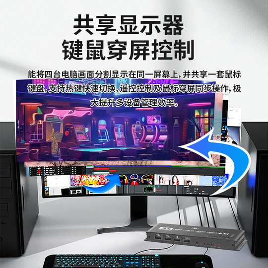 高清KVM切换器4进1出HDMI四口无缝切换画面共享分割器USB鼠标穿屏
