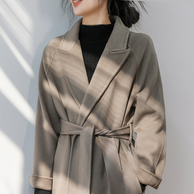 Double-sided woolen woolen coat waisted belted woolen coat