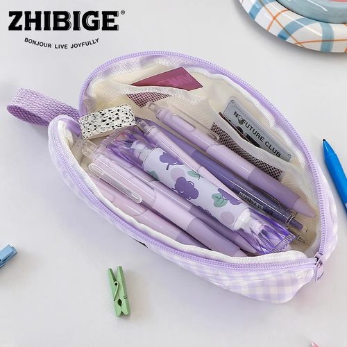 多功能便携高颜值简约格子笔袋学生高颜值拉链收纳包可爱文具盒 - 图0