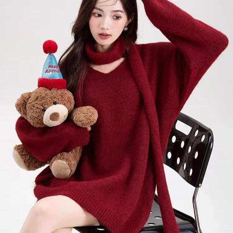 A新年本命年秋冬款气质套头毛衣女高级感加厚针织衫慵懒风上衣