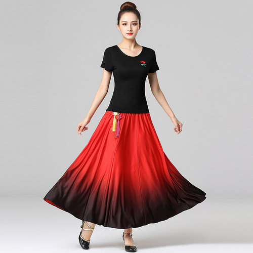 广场舞服装女莫代尔红色上衣夏季短中袖绣花跳舞衣舞蹈纯舞服T恤 - 图2