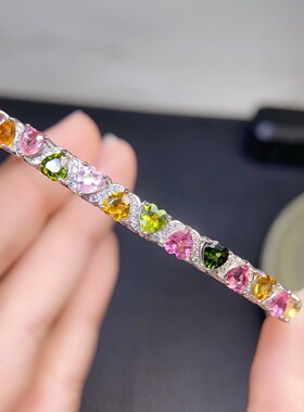 如梦 天然碧玺镶嵌925银手环手镯 品质漂亮 戒面通透糖果配色