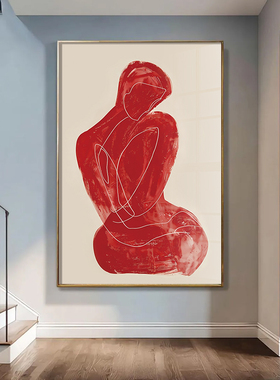 红色女人极简挂画线条人物剪影抽象装饰画客厅民宿玄关竖版墙壁画