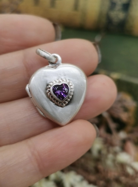 Vintage中古欧洲回流925银紫色锆石爱心相片盒吊坠