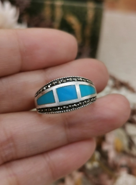 Vintage中古欧洲回流925马克赛石蓝色戒指14号