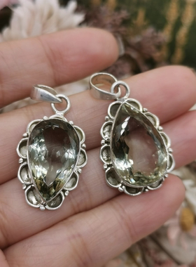Vintage中古欧洲回流925银淡绿色山晶吊坠
