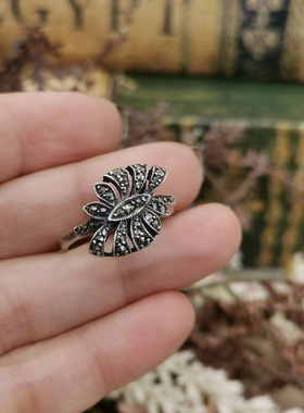 Vintage中古欧洲回流silver老银马赛石小花戒指18号