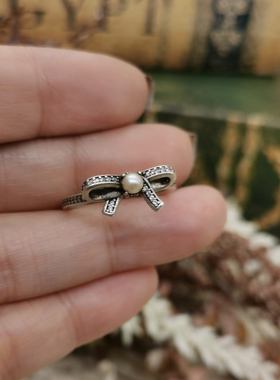 Vintage中古欧洲回流925银潘家蝴蝶结戒指15号
