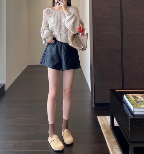 AMR UU◆搭配神器 大长腿高腰宽松阔腿短裤pu皮裤女2024秋冬新款 - 图0