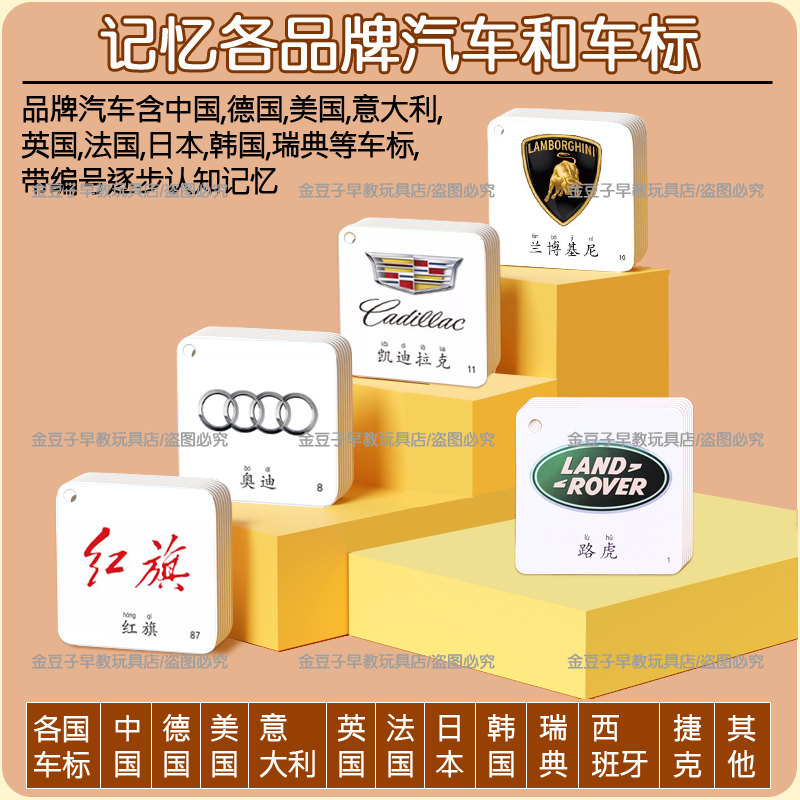 儿童汽车标志卡片宝宝启蒙早教品牌汽车标识国旗闪卡大全益智玩具