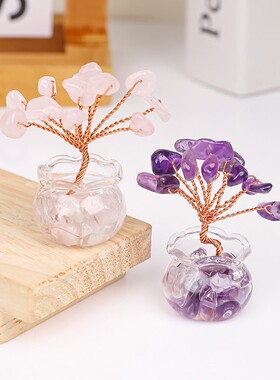 迷你石来运转水晶招财树桌面小摆件办公室工位电脑屏幕装饰品摆件