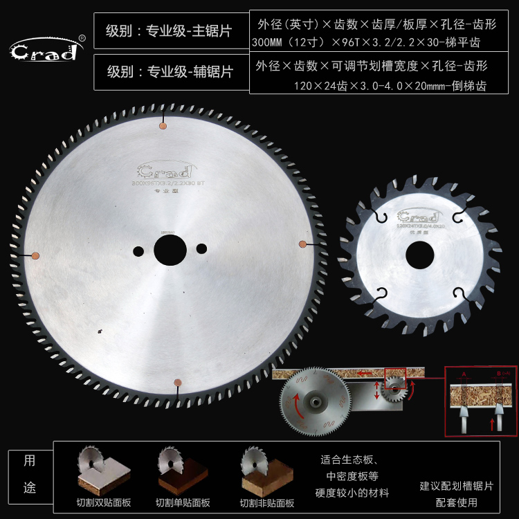 Crad进口级木工精密推台锯裁板锯专用抗钉型生态板切割锯片12寸96-图1