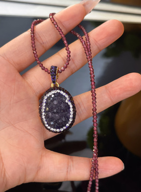 设计师款乌拉圭吊坠配石榴石链条满镶嵌项链颈链饰品