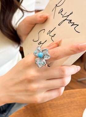 轻奢高级感重工镶蓝松石花朵耳环女戒指s925银针优雅耳饰套装工厂