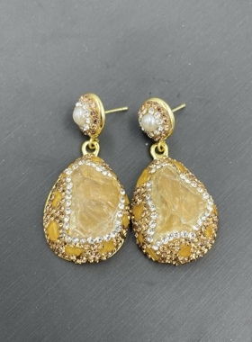 新款天然黄色水晶毛衣链吊坠项链简搭毛衣链欧美风小众耳勾戒指