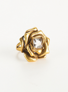 中古多层立体玫瑰花方锆石铜重工耳钉耳夹戒指vintage饰品