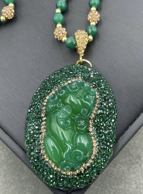 新款貔貅项链毛衣链戒指套装绿色外贸款镶嵌捷克石925银镀金