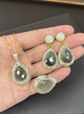 新款天然玛瑙玉石手工镶嵌项链套装小众原石水晶饰品戒指耳环货源