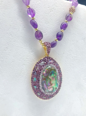 彩虹色鲍鱼贝吊坠紫水晶项链时尚色彩搭配紫色系女款项链