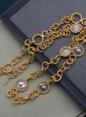 超级后金的中古腰带质感素金项链多层腰链可以调节配饰Vintag古币