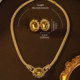 Western Antique Golden Oval Geometric Colorful Treasure Earrings Twist Chain Snake Bone Chain Necklace European and American Medieval Jewelry Set
