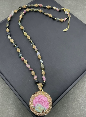 新款天然原矿盐源牡丹花原石镶嵌碧玺项链时尚中古个性毛衣链