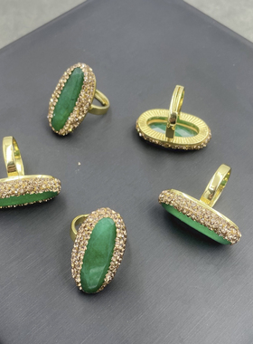 新款天然马来玉戒指 个性复古祖母绿玉石戒指 手工镶钻指环保色