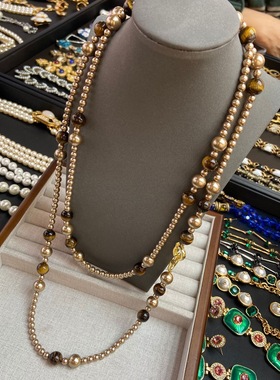 美拉德人造虎眼石珍珠项链长款秋冬复古毛衣链轻奢小众叠戴项饰女