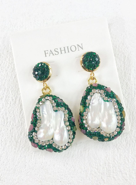 新款巴洛克淡水珍珠镶嵌绿色大满串项链套装时尚轻奢女项链