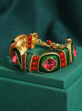 中古西瓜红复古珐琅彩手链女轻奢小众设计感高级气质百搭手饰