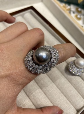 围裙边大珍珠戒指大颗粒铜镀白金个性气质镶嵌奥贝母珍珠镶钻指环
