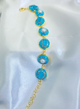 重工海蓝宝手链复古天然石满钻镶嵌手链气质配饰