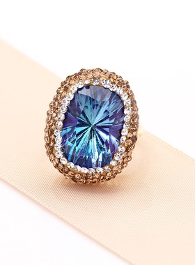 新款千禧切蓝耀水晶戒指高品质中古vintage小众首饰开口戒指