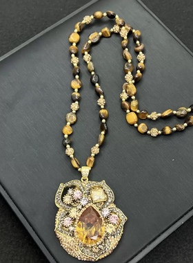 新品中古宫廷风树叶镶钻吊坠苏丹石镶嵌毛衣链虎眼石项链服装配饰