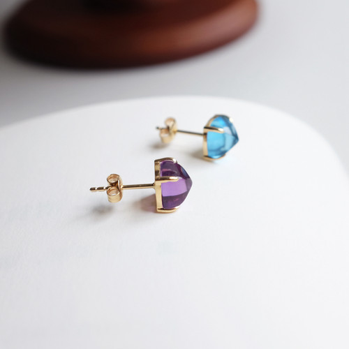 薰衣草和雪山。9K金紫水晶/瑞士蓝托帕石糖塔不对称撞色耳钉。 - 图0