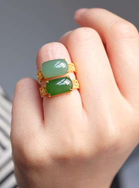 欣赏。忆江南。新中式18K金和田碧玉戒指镂空。加缪珠宝