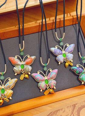 【成品】非遗宋锦蝴蝶项链新中式国风衣服挂件双面吊坠长款毛衣链