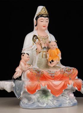 送子观世音菩萨佛像仿瓷家用供奉观音娘娘求龙凤子女像添丁摆件