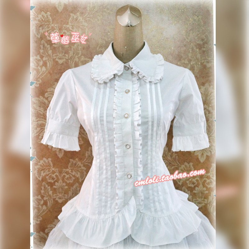 草莓巫女Lolita洛丽塔 钢琴褶娃娃翻领短袖衬衣 全棉可换雪纺 - 图3