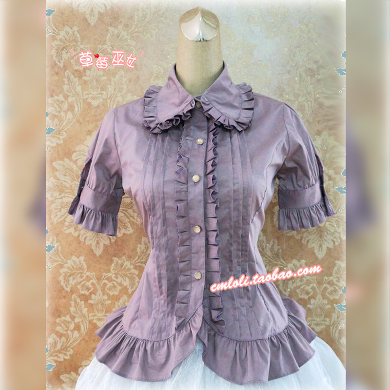草莓巫女Lolita洛丽塔 钢琴褶娃娃翻领短袖衬衣 全棉可换雪纺 - 图1