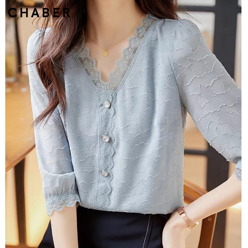 chaber春季新品优雅套头毛衣雪纺衫 巧帛衬衫