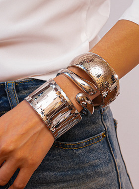 欧美跨境不规则水滴花朵开口手镯轻奢感手环重工夸张个性手饰