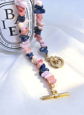 小众轻奢时尚亚克力天然石24K镀金碎石不掉色项链女 复古跨境爆款