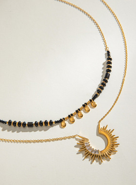 锆石太阳花水晶吊坠项链多层复古