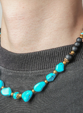 男松石蓝黑拼接冲浪朋克短款项链