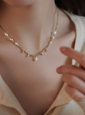 巴洛克异形淡水珍珠绿色锆石串珠项链轻奢小众锁骨链星星水滴颈链