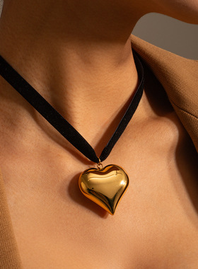 欧美黑色蜡绳子圆圈项链ins网红爱心形圆形几何短款锁骨项链