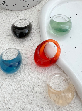 欧美跨境饰品冰透晕染彩色树脂戒指Ring简约不掉色宽面素戒指环女
